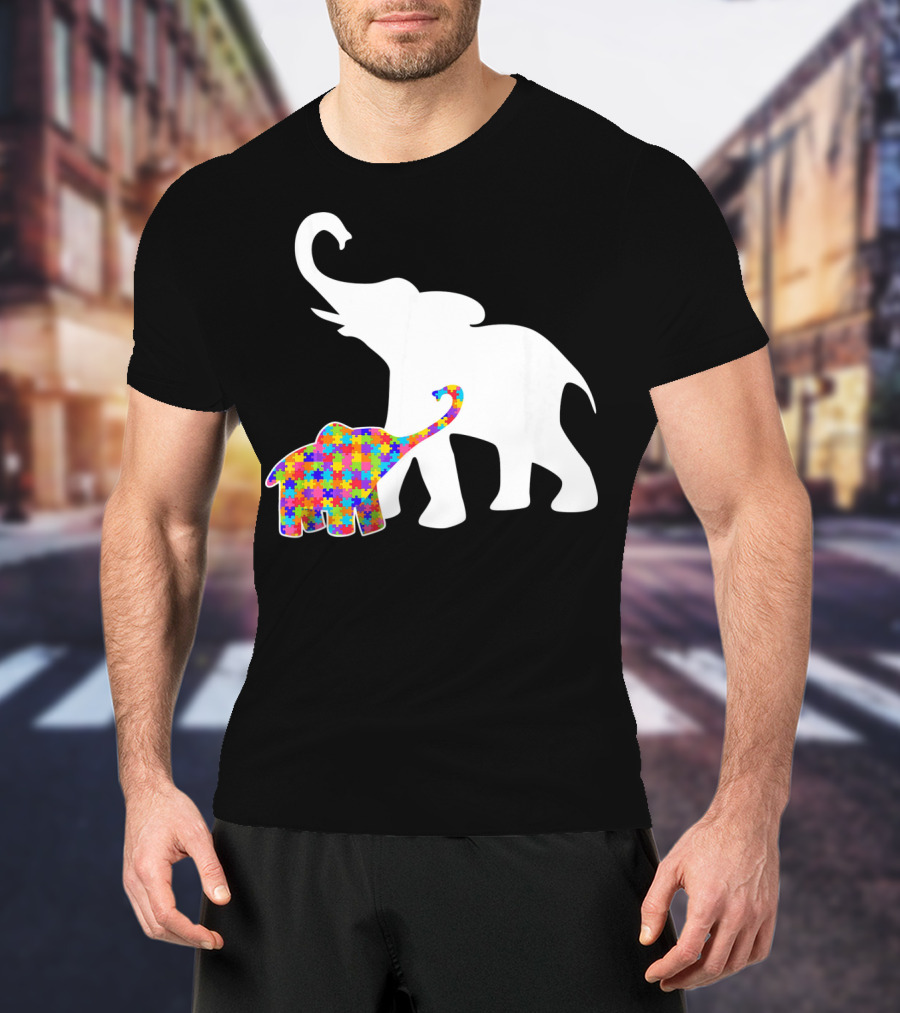 Elephant Autism Awareness Puzzle Pattern Support T-Shirt