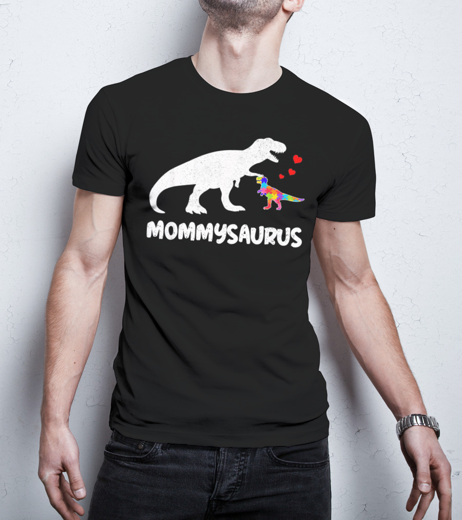 Mommysaurus Dinosaur Autism Puzzle Hearts T-Shirt
