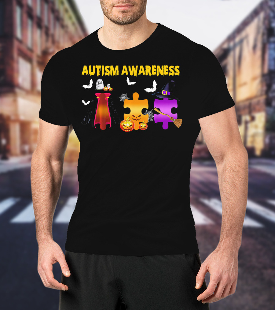 Autism Awareness Halloween Puzzle Pieces With Witch Hat Bats And Pumpkins T-Shirt