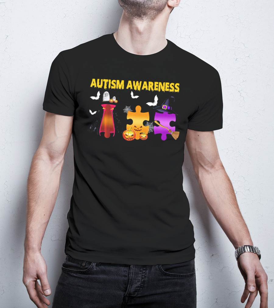 Autism Awareness Halloween Puzzle Pieces With Witch Hat Bats And Pumpkins T-Shirt