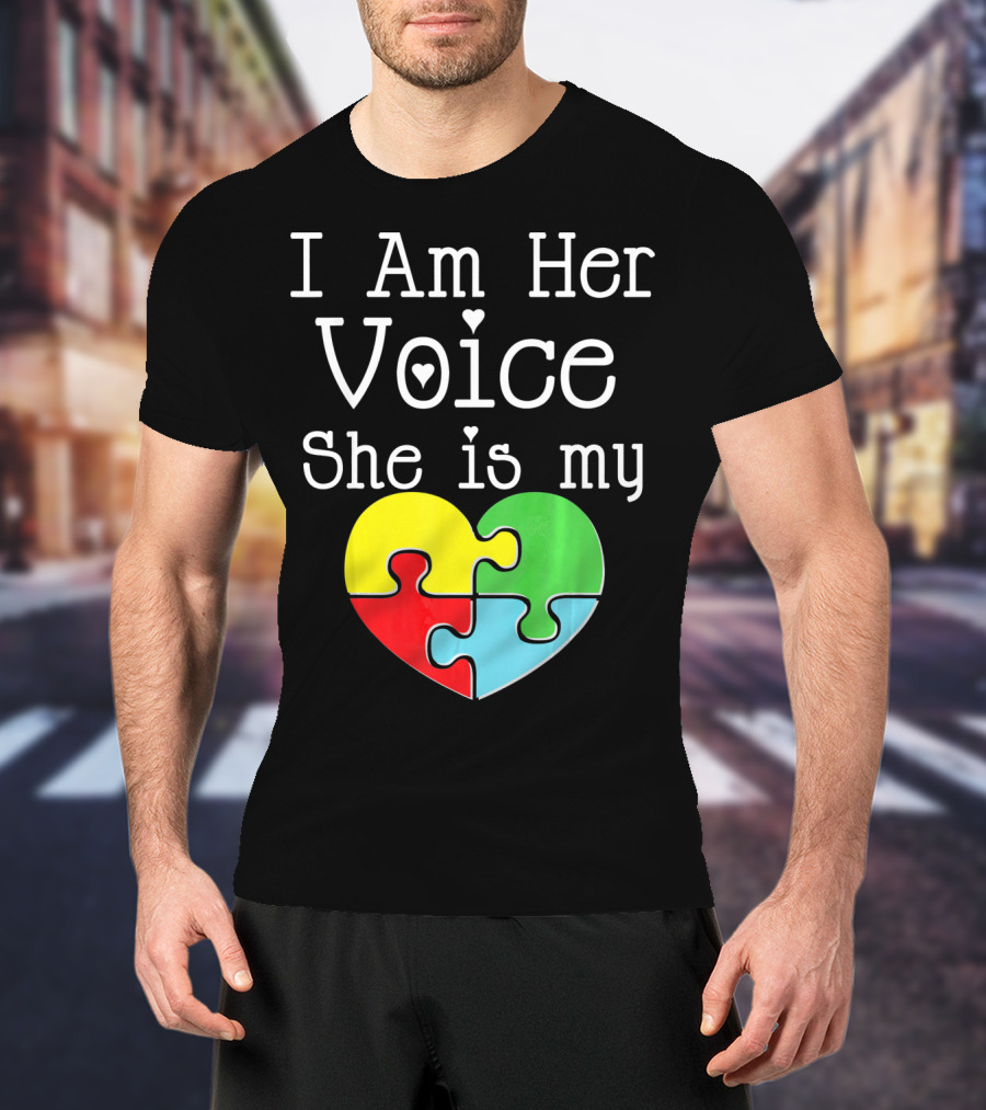 I Am Her Voice She Is My Heart Autism Puzzle Heart T-Shirt