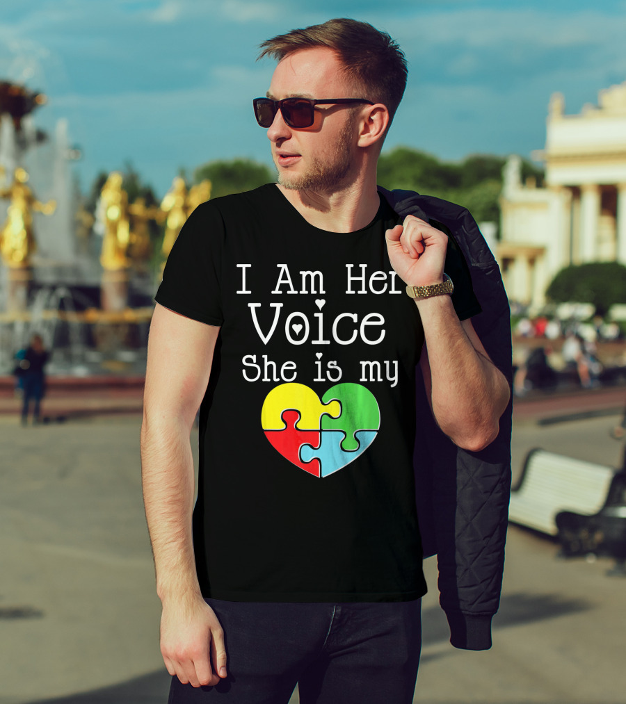I Am Her Voice She Is My Heart Autism Puzzle Heart T-Shirt