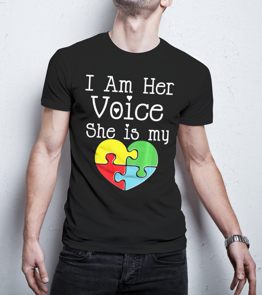 I Am Her Voice She Is My Heart Autism Puzzle Heart T-Shirt