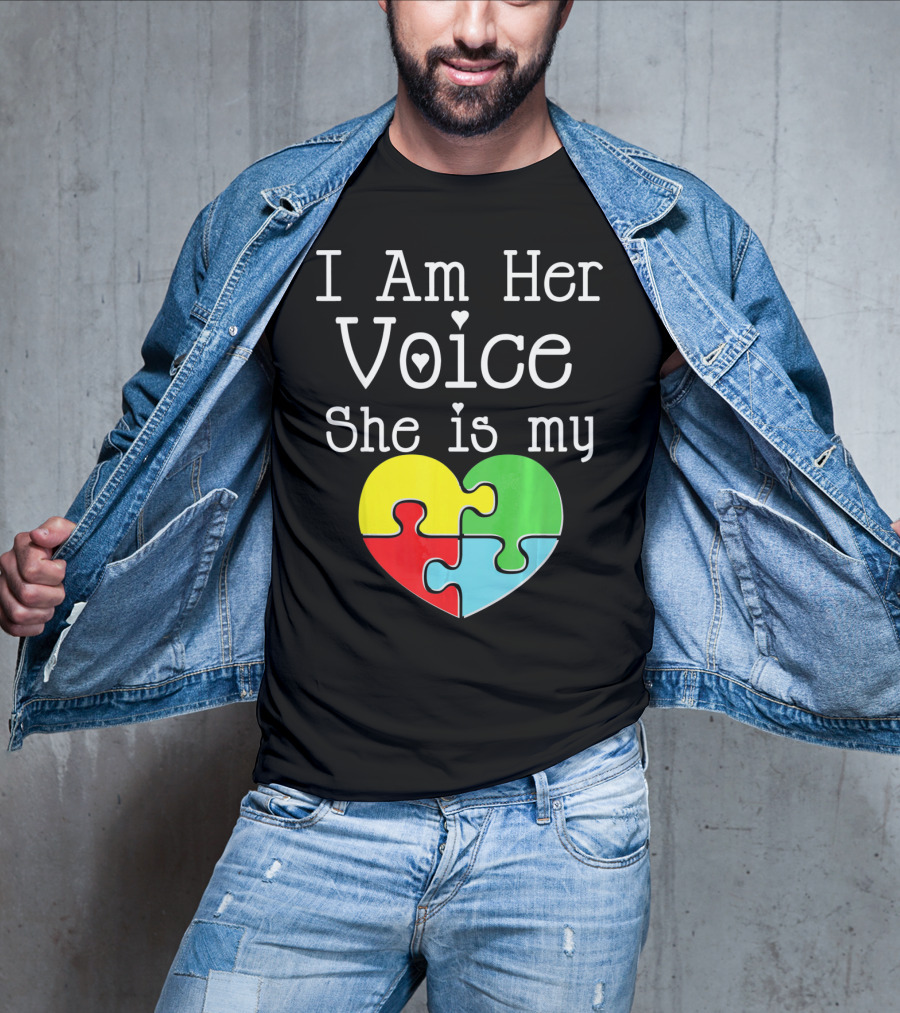 I Am Her Voice She Is My Heart Autism Puzzle Heart T-Shirt
