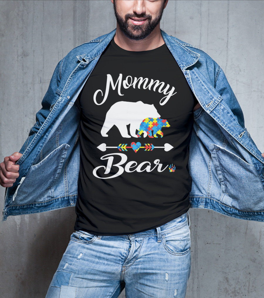 Mommy Bear Autism Awareness Puzzle Pattern Heart T-Shirt
