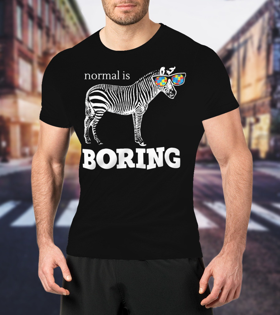 Normal Is Boring Zebra With Puzzle Piece Sunglasses Autism Awareness T-Shirt