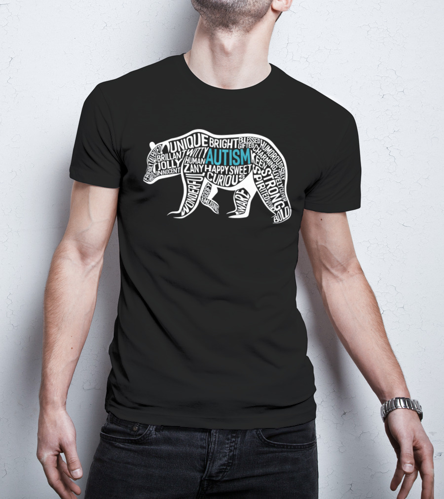 Autism Awareness Bear Word Cloud Unique Strong Curious Happy T-Shirt