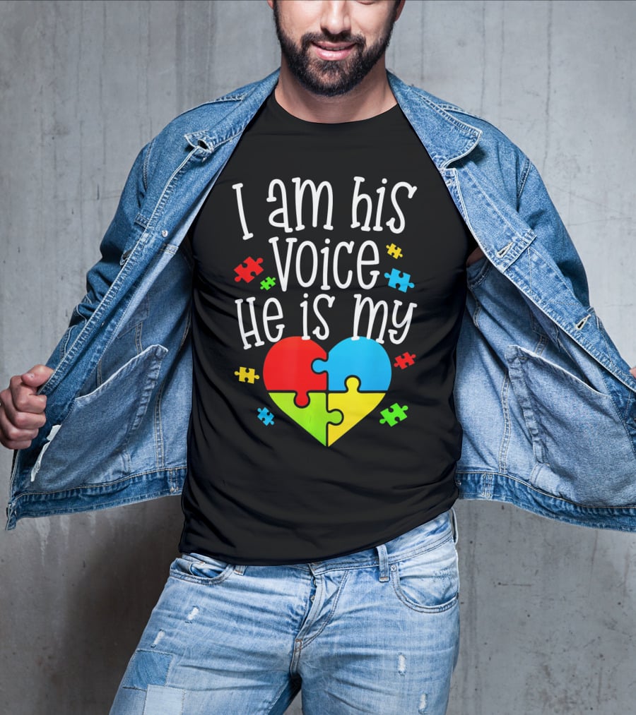I Am His Voice He Is My Heart Autism Puzzle Pieces T-Shirt