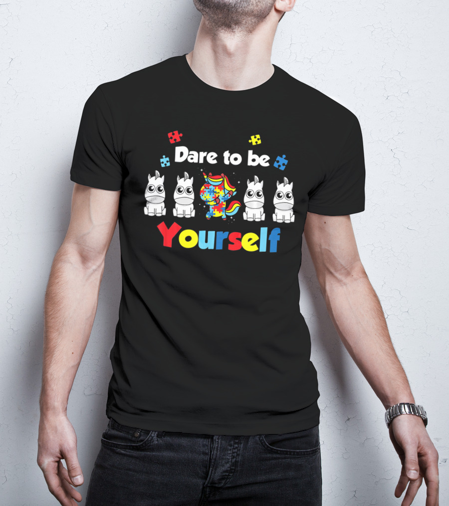 Dare To Be Yourself Unicorn Dabbing Autism Puzzle Pieces T-Shirt