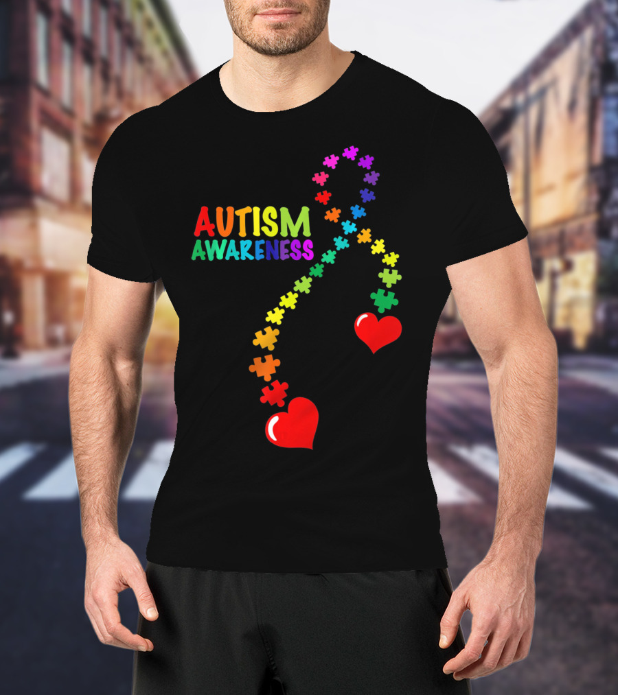 Autism Awareness Puzzle Heart Ribbon Rainbow T-Shirt