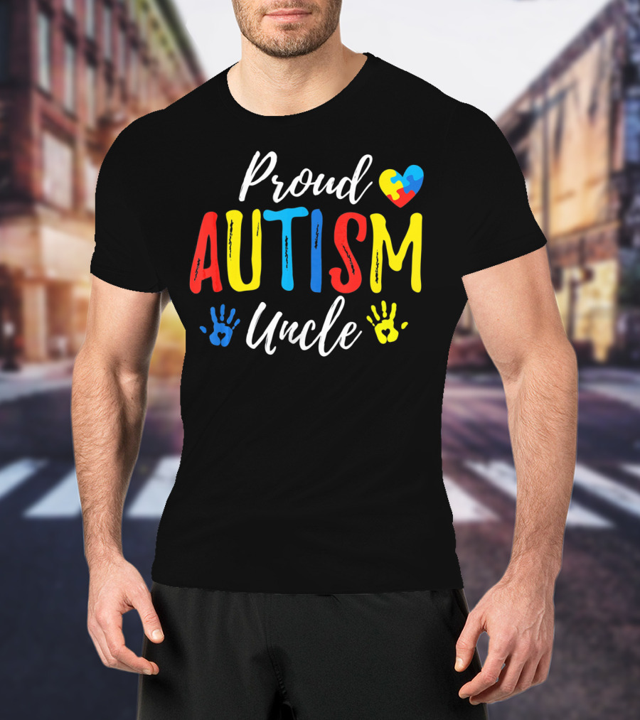 Proud Uncle Autism Awareness Heart Puzzle Handprints T-Shirt