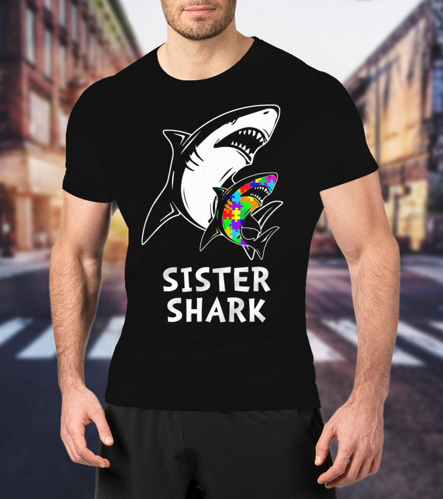 Sister Shark Autism Awareness Puzzle T-Shirt