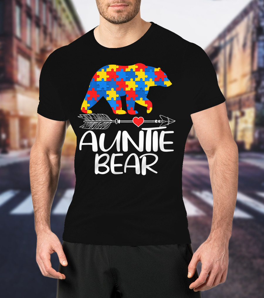 Autism Awareness Auntie Bear Puzzle Heart Arrow T-Shirt