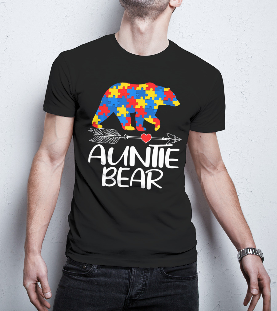 Autism Awareness Auntie Bear Puzzle Heart Arrow T-Shirt