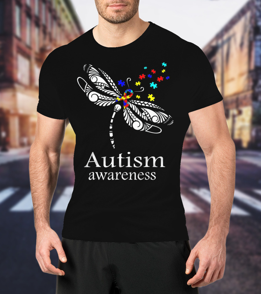 Autism Awareness Dragonfly Puzzle Pieces Symbolizing Support T-Shirt