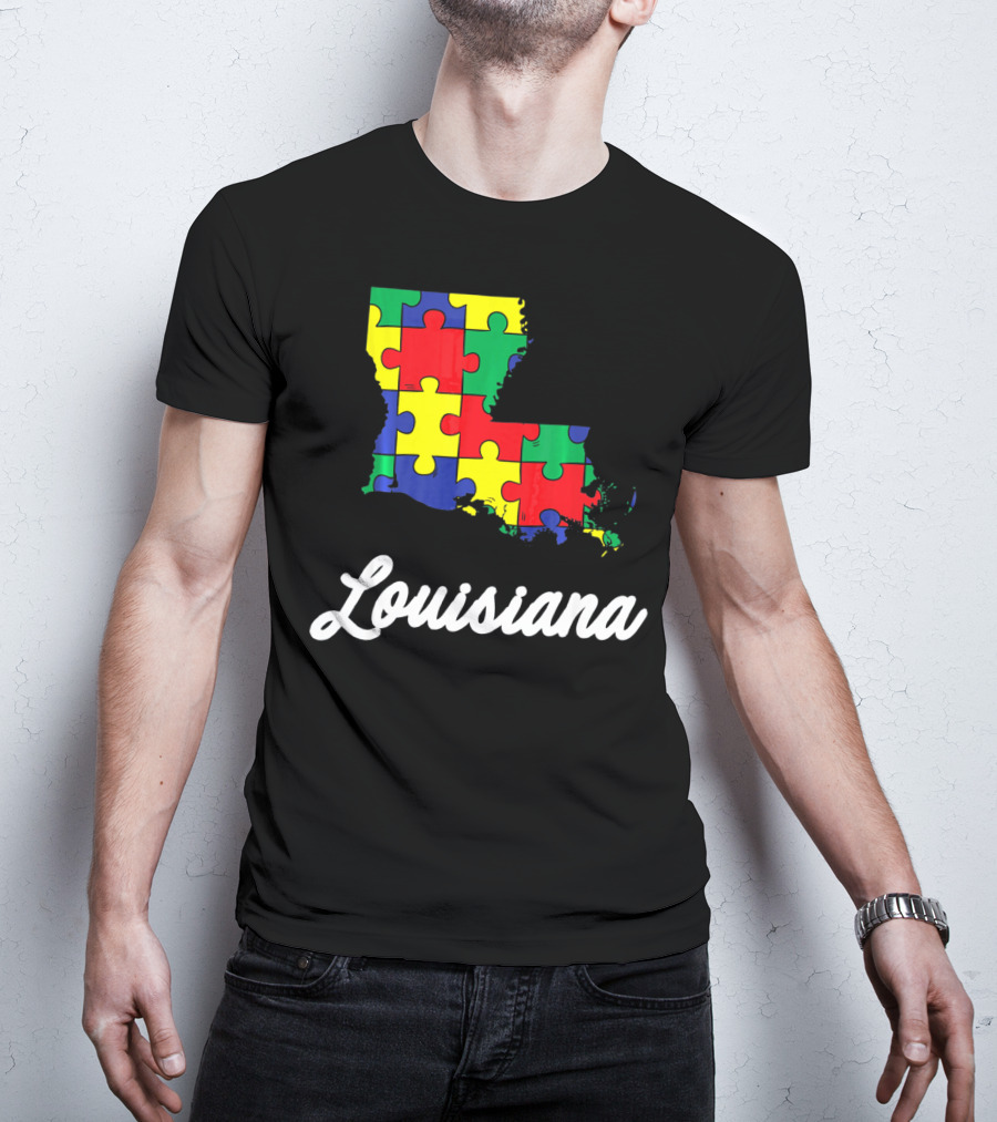 Autism Awareness Puzzle Map Louisiana T-Shirt