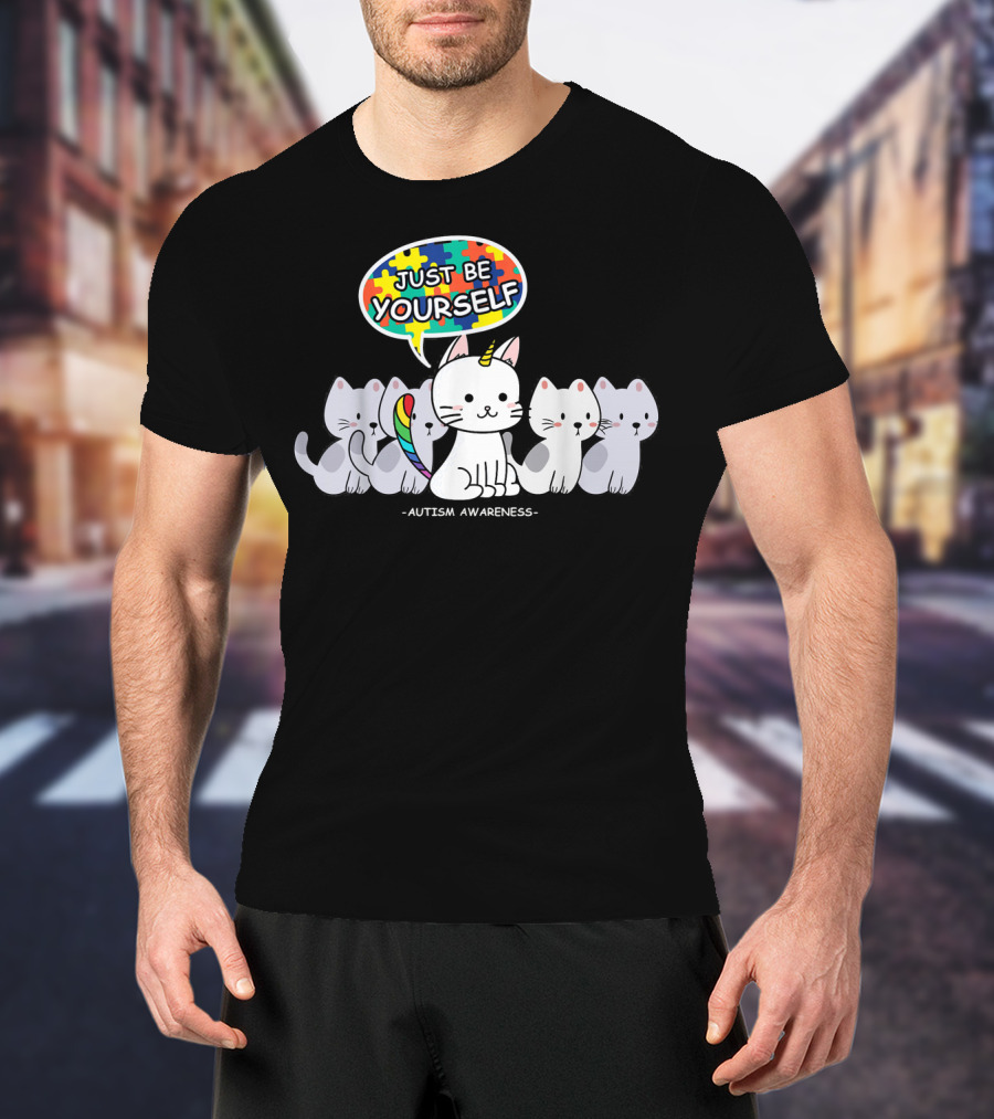 Autism Awareness Just Be Yourself Cat Unicorn With Puzzle T-Shirt