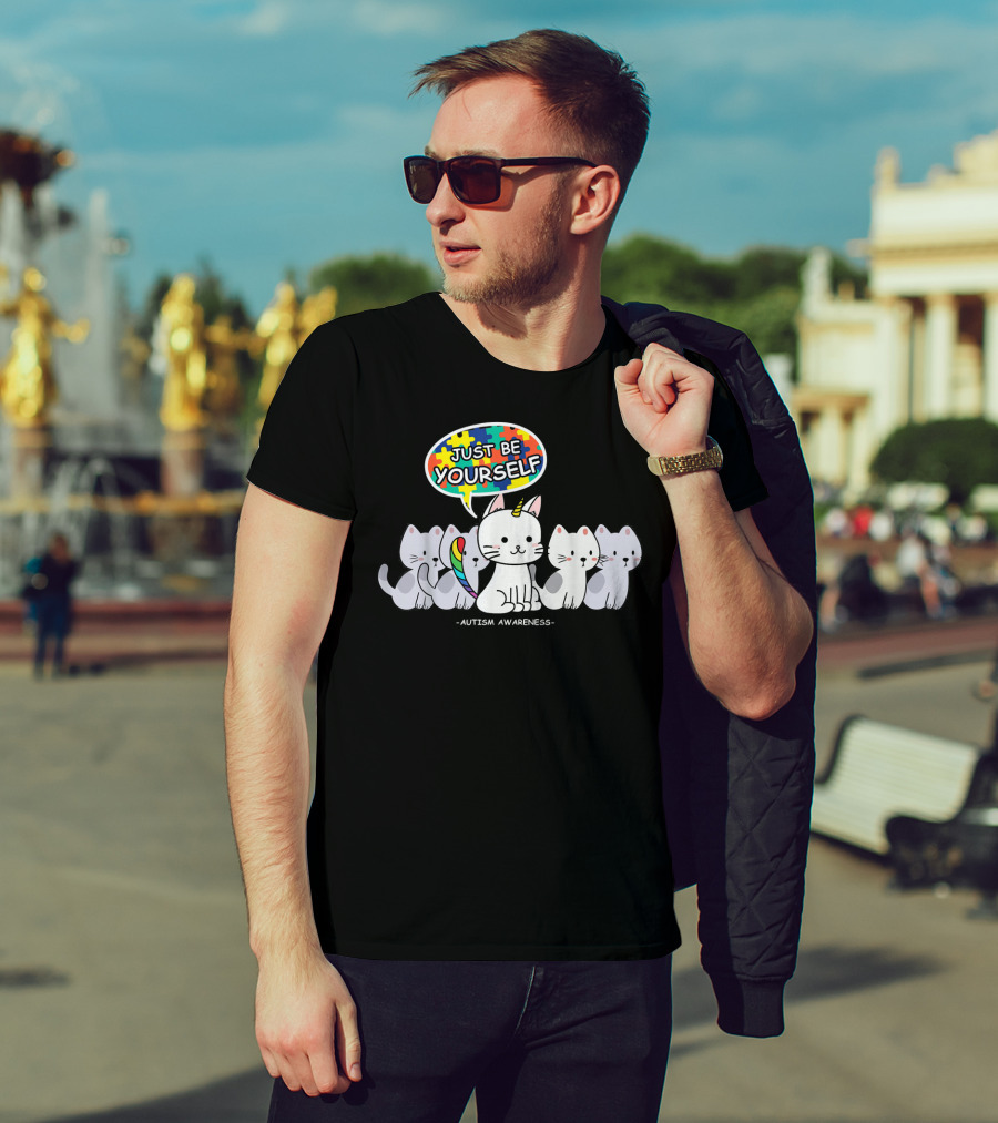 Autism Awareness Just Be Yourself Cat Unicorn With Puzzle T-Shirt