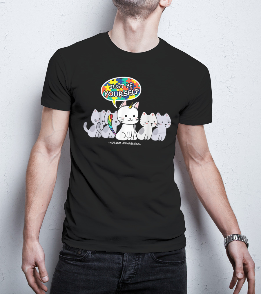 Autism Awareness Just Be Yourself Cat Unicorn With Puzzle T-Shirt