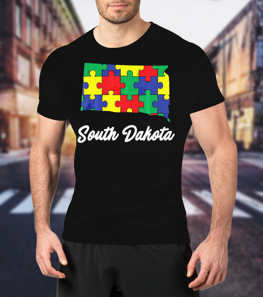 South Dakota Autism Awareness Puzzle Map T-Shirt