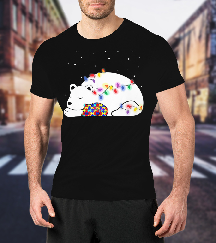 Autism Awareness Mama Bear Christmas Lights Puzzle T-Shirt