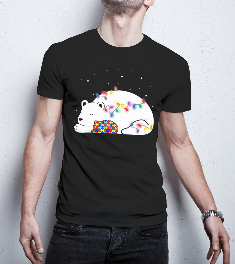Autism Awareness Mama Bear Christmas Lights Puzzle T-Shirt