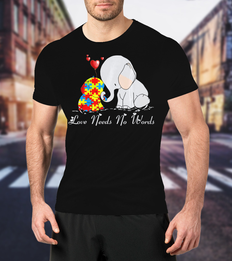 Love Needs No Words Autism Awareness Elephant Puzzle Hearts T-Shirt