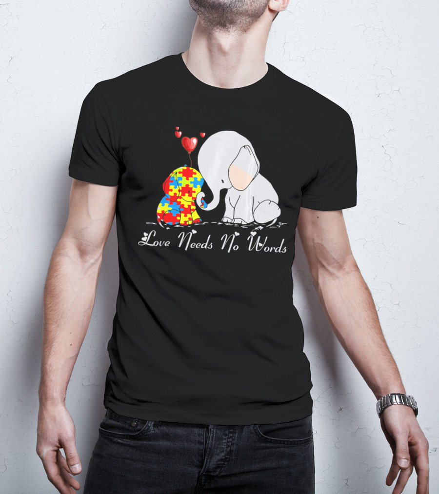 Love Needs No Words Autism Awareness Elephant Puzzle Hearts T-Shirt