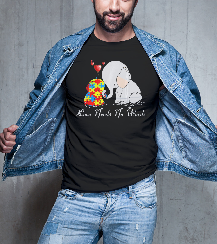 Love Needs No Words Autism Awareness Elephant Puzzle Hearts T-Shirt