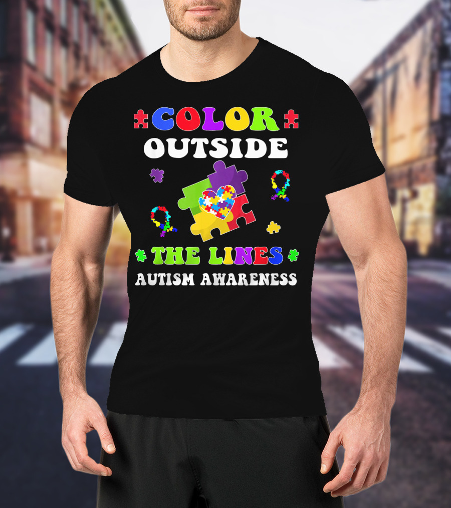 Color Outside The Lines Autism Awareness Puzzle Piece Heart T-Shirt