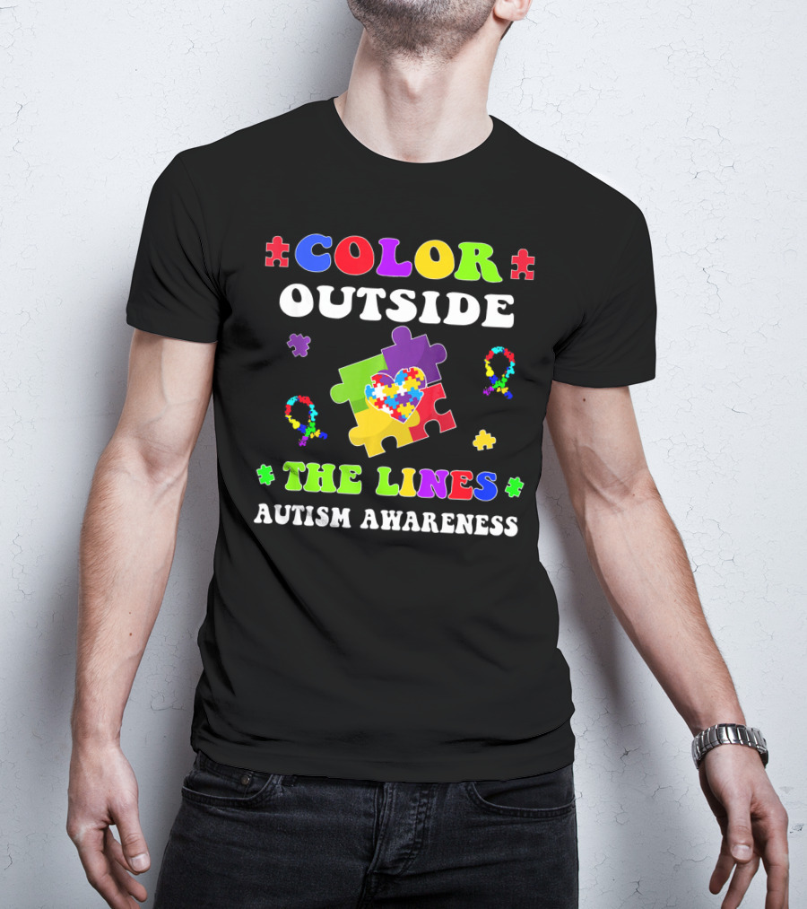 Color Outside The Lines Autism Awareness Puzzle Piece Heart T-Shirt