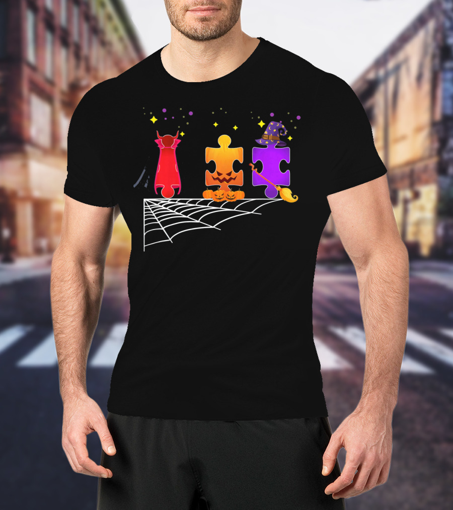 Autism Puzzle Pieces Halloween Witch And Vampire T-Shirt