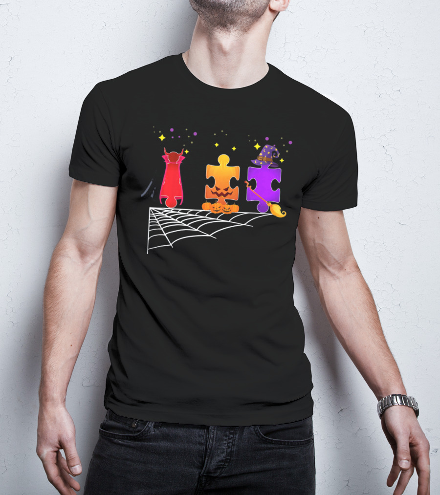 Autism Puzzle Pieces Halloween Witch And Vampire T-Shirt