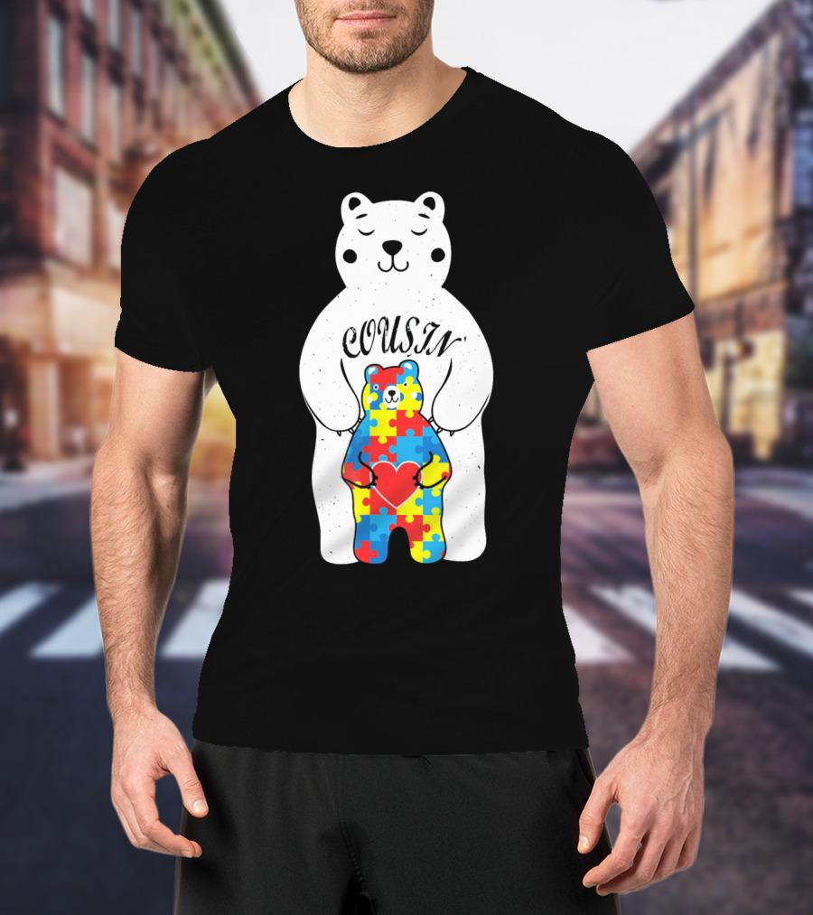 Cousin Bear Holding Autism Awareness Puzzle Heart ASD T-Shirt