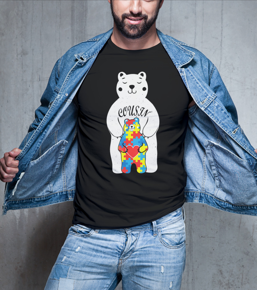 Cousin Bear Holding Autism Awareness Puzzle Heart ASD T-Shirt