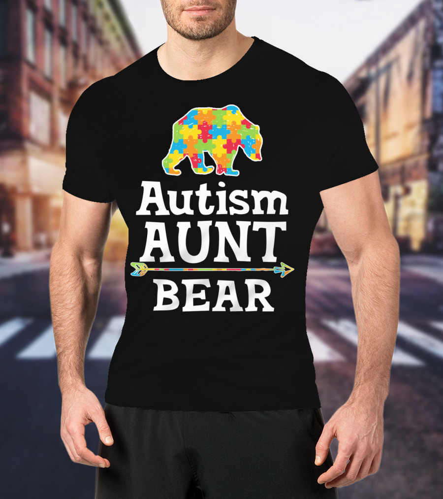 Autism Awareness Aunt Bear Puzzle Pattern Arrow T-Shirt