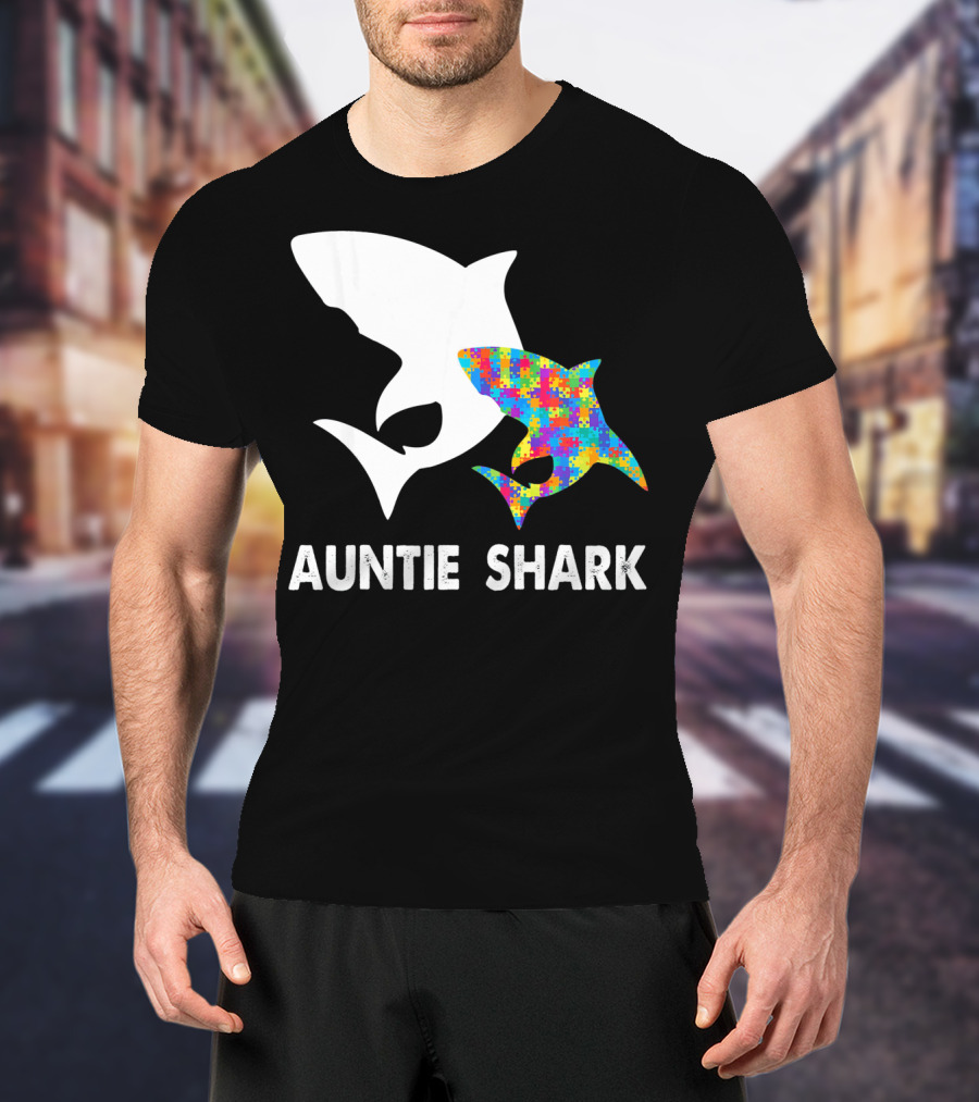 Auntie Shark Autism Puzzle Piece Warrior T-Shirt