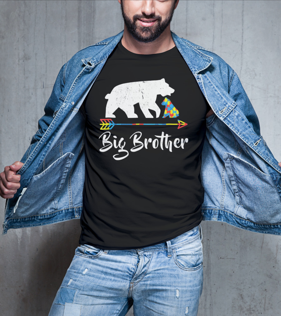 Big Brother Bear Autism Awareness Puzzle Pattern Arrow T-Shirt