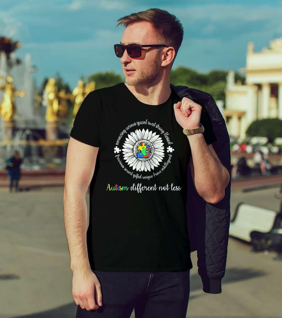 Autism Different Not Less Daisy Flower With Puzzle And Positive Words T-Shirt