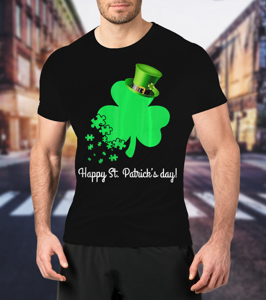 Happy St. Patrick's Day Shamrock With Puzzle Pieces Autism Awareness T-Shirt