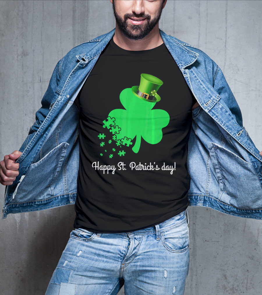 Happy St. Patrick's Day Shamrock With Puzzle Pieces Autism Awareness T-Shirt