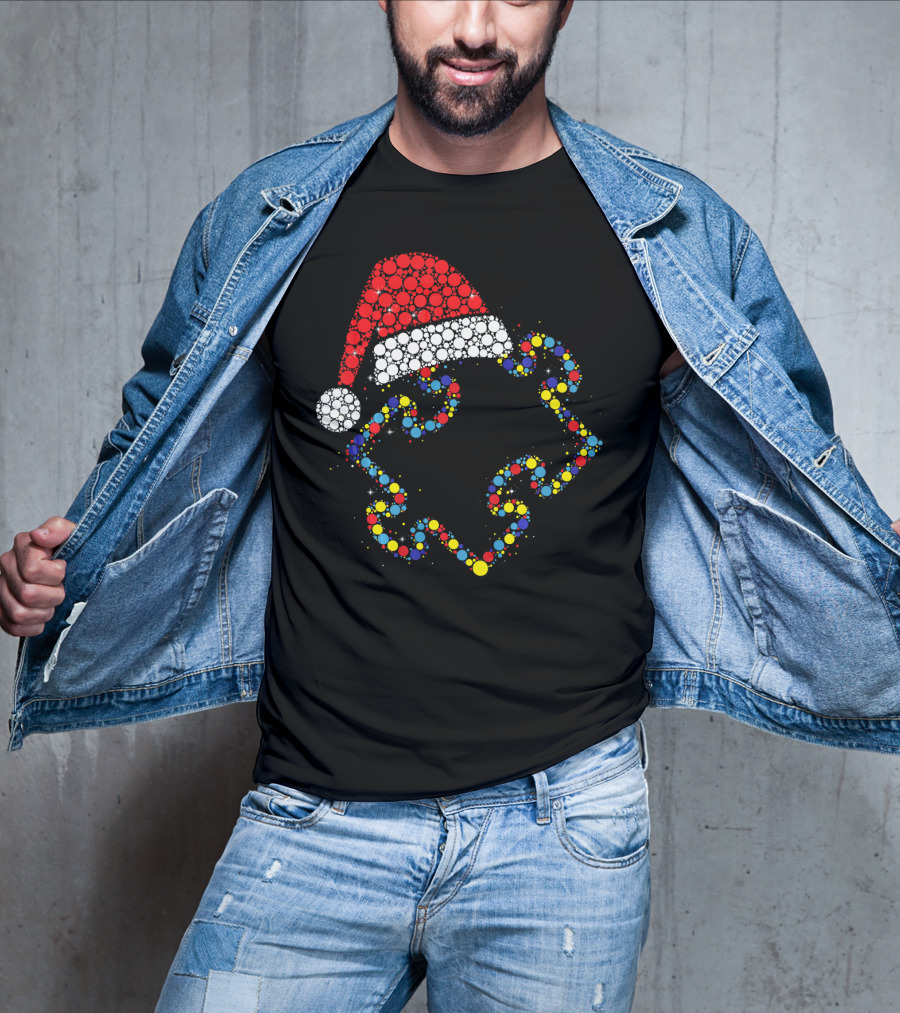 Santa Hat With Colorful Puzzle Pieces Autism Awareness T-Shirt