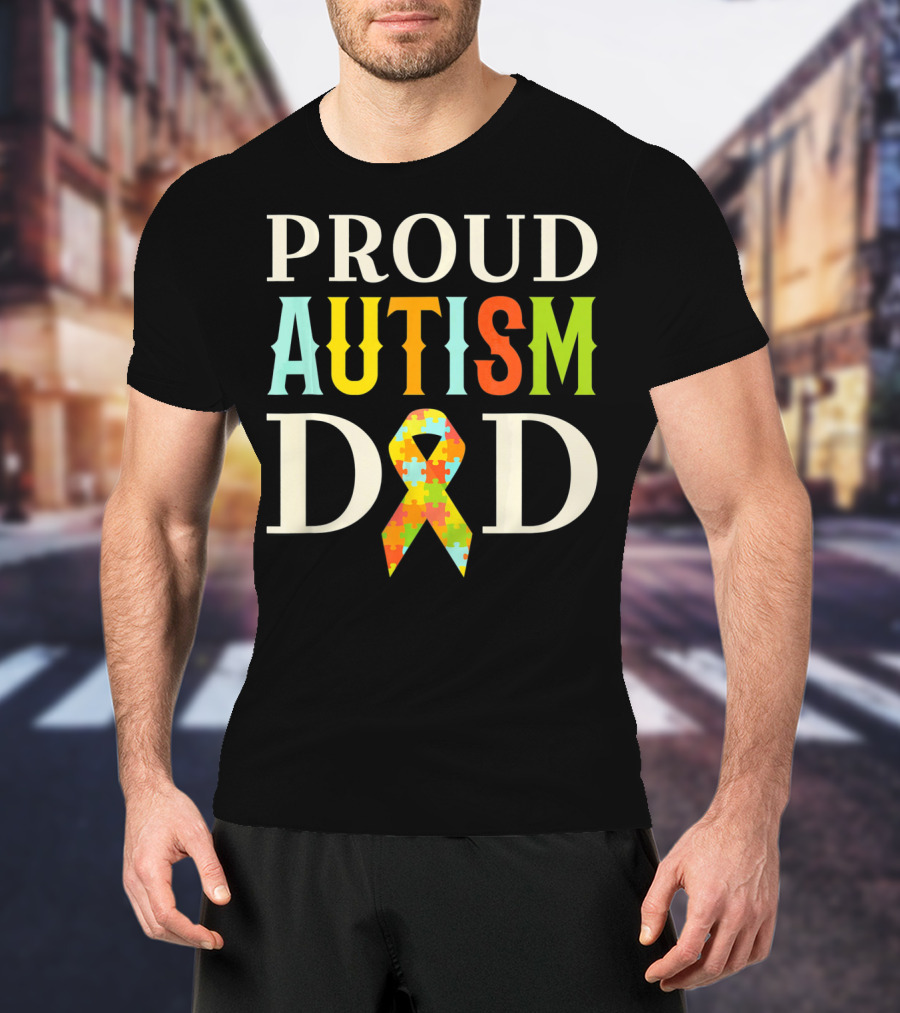 Proud Autism Dad Multicolor Puzzle Ribbon Awareness T-Shirt