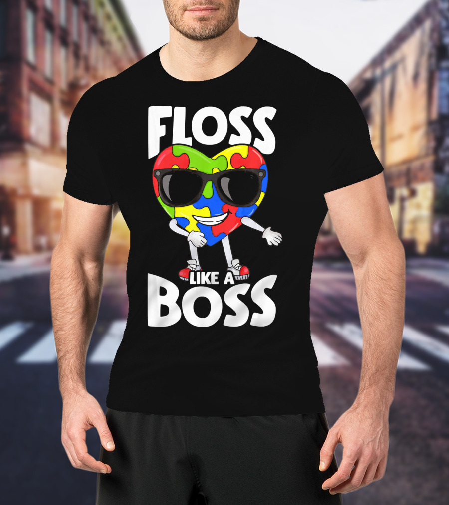 Autism Awareness Floss Like A Boss Puzzle Heart Wearing Sunglasses T-Shirt