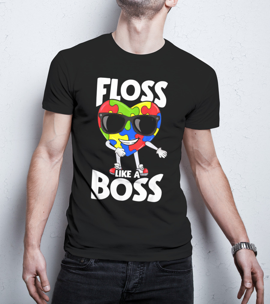 Autism Awareness Floss Like A Boss Puzzle Heart Wearing Sunglasses T-Shirt