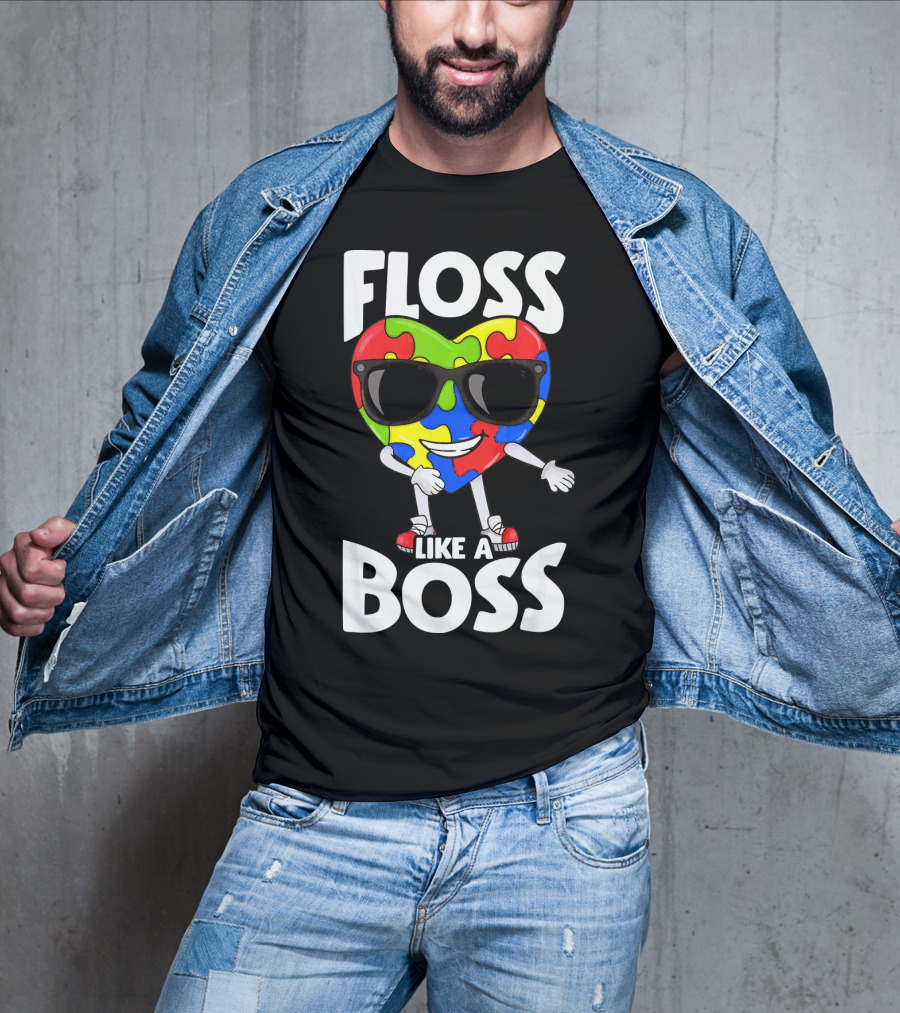 Autism Awareness Floss Like A Boss Puzzle Heart Wearing Sunglasses T-Shirt