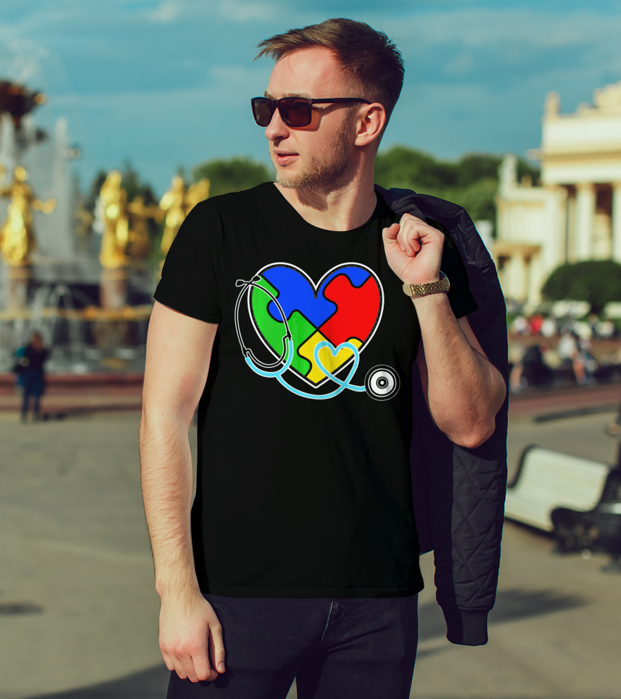 Nurses Autism Awareness Heart With Puzzle Pieces And Stethoscope T-Shirt