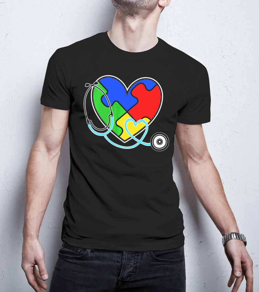 Nurses Autism Awareness Heart With Puzzle Pieces And Stethoscope T-Shirt