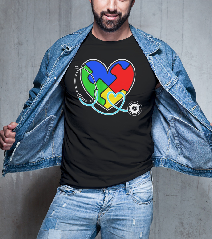 Nurses Autism Awareness Heart With Puzzle Pieces And Stethoscope T-Shirt