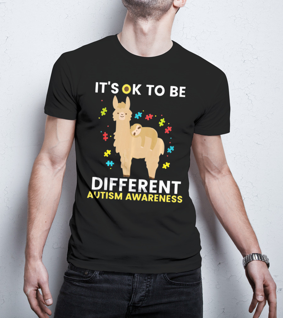 It's OK To Be Different Llama Sloth Autism Awareness T-Shirt